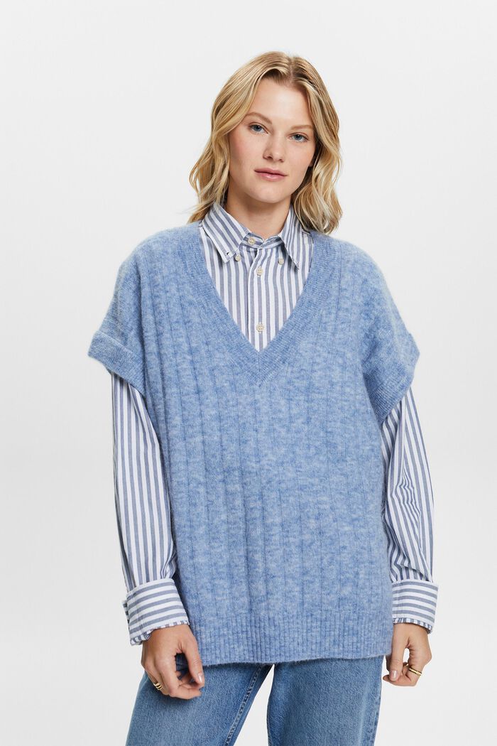 Oversized V-Neck Ribbed Knit Sweater, BLUE LAVENDER, detail image number 1