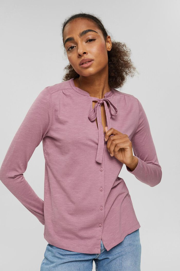 Long sleeve top with a pussycat bow, organic cotton blend, MAUVE, detail image number 0