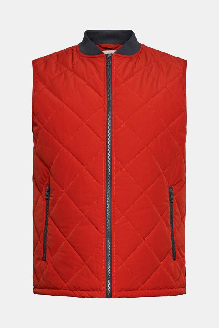 Made of recycled material: quilted body warmer with ribbed trims, RED ORANGE, overview