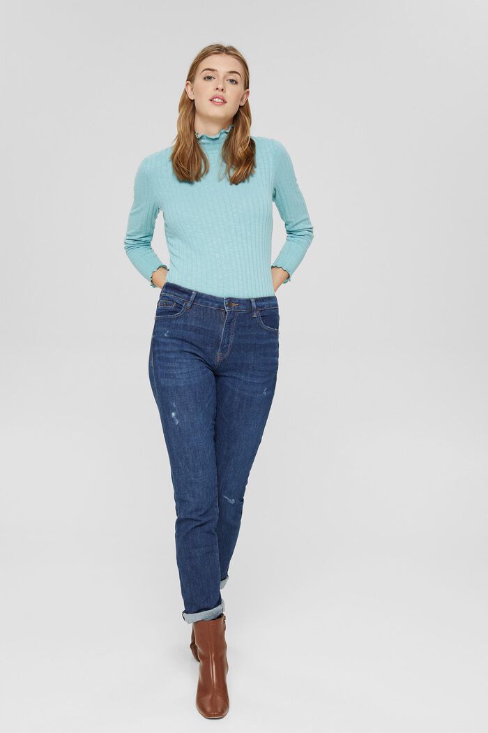 Ribbed long sleeve top with a stand-up collar, TURQUOISE, detail image number 5