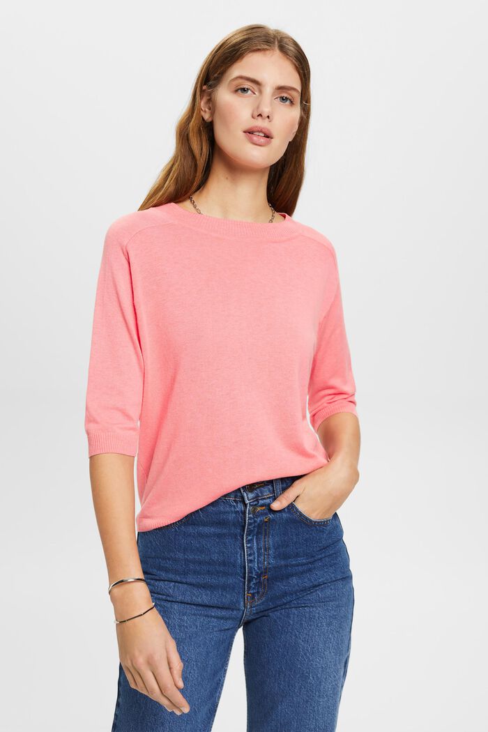 Cropped sleeve sweater with linen, PINK, detail image number 0
