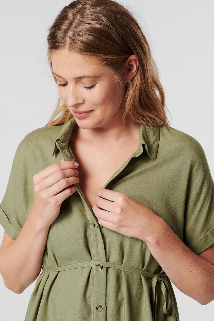 Linen blend: blouse with tie, REAL OLIVE, detail image number 2