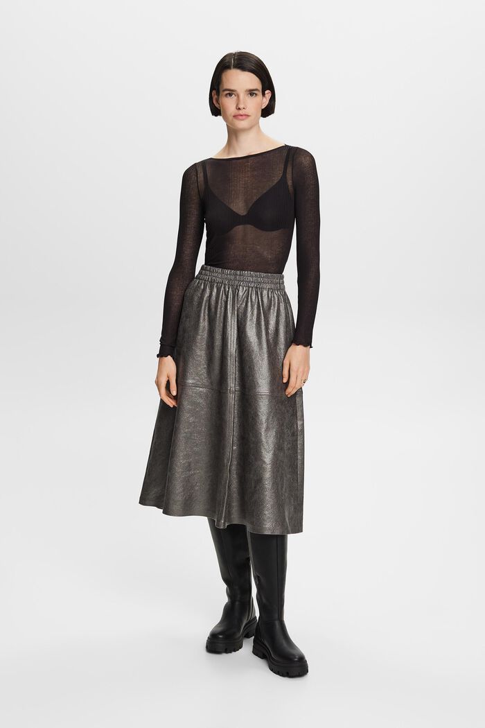 Metallic faux leather midi skirt, GUNMETAL, detail image number 3