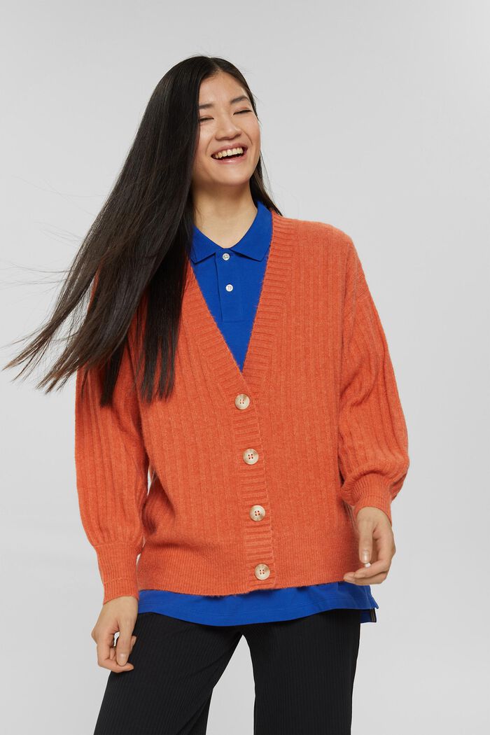 Wool blend: cardigan in a rib knit look, BLUSH, detail image number 0