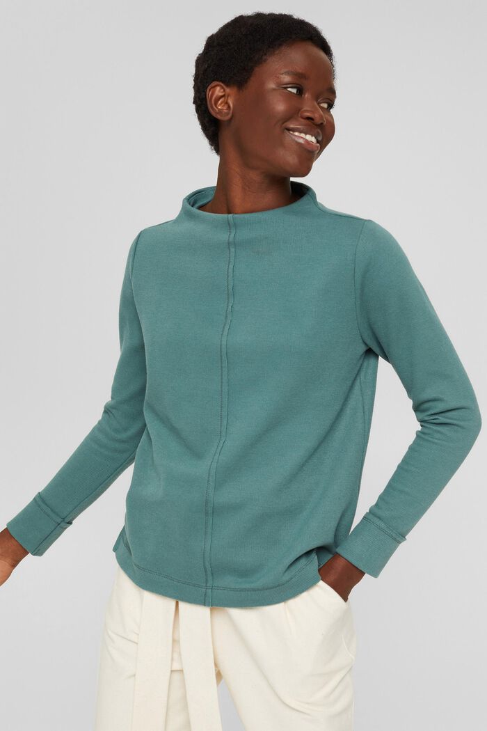 Sweatshirt with a stand-up collar, blended organic cotton, TEAL BLUE, detail image number 5