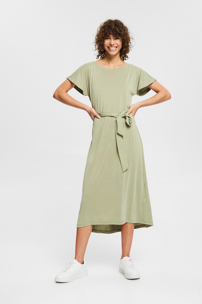 Containing TENCEL™: midi dress with a tie-around belt, LIGHT KHAKI, detail image number 5