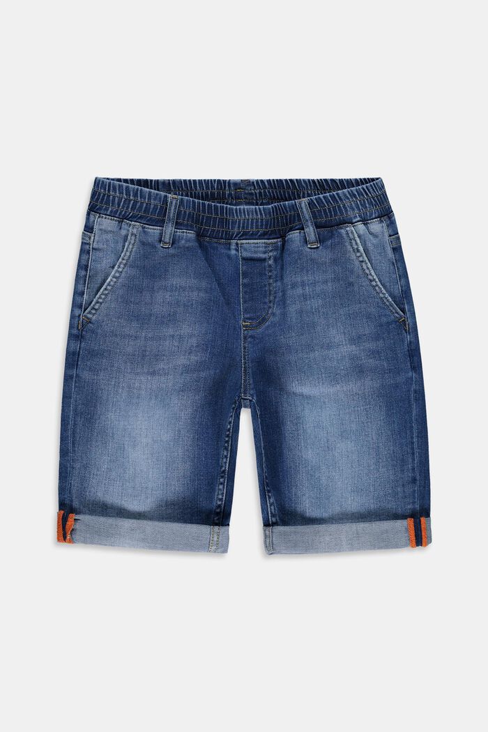 Cotton denim shorts with an elasticated waistband, BLUE MEDIUM WASHED, overview