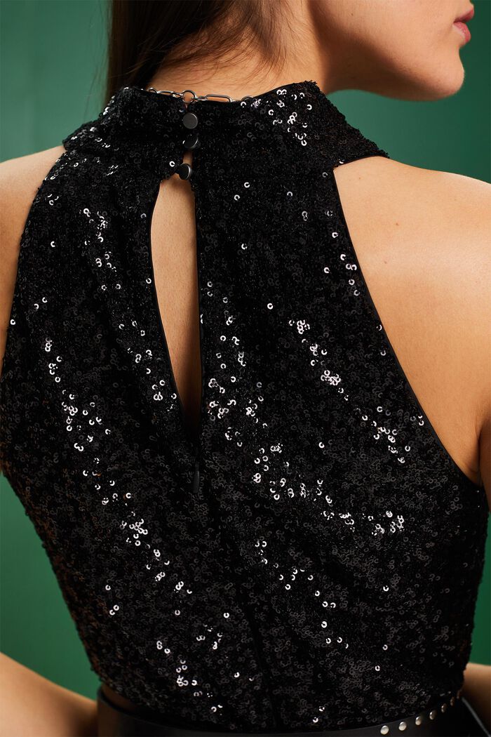 Sequined Sleeveless Neckholder Midi Dress, BLACK, detail image number 4
