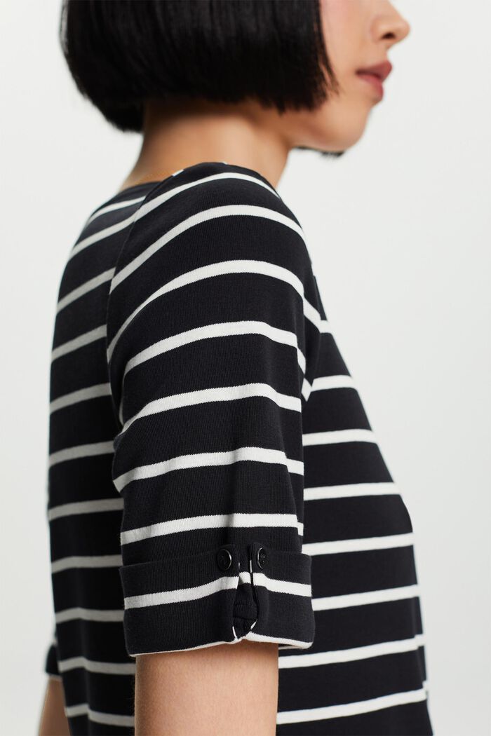 Striped Round Neck Cotton Top, BLACK, detail image number 2