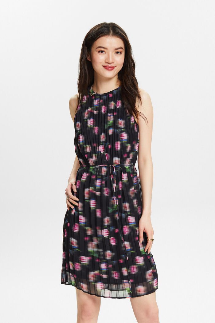 Printed Pleated Chiffon Dress, BLACK, detail image number 0