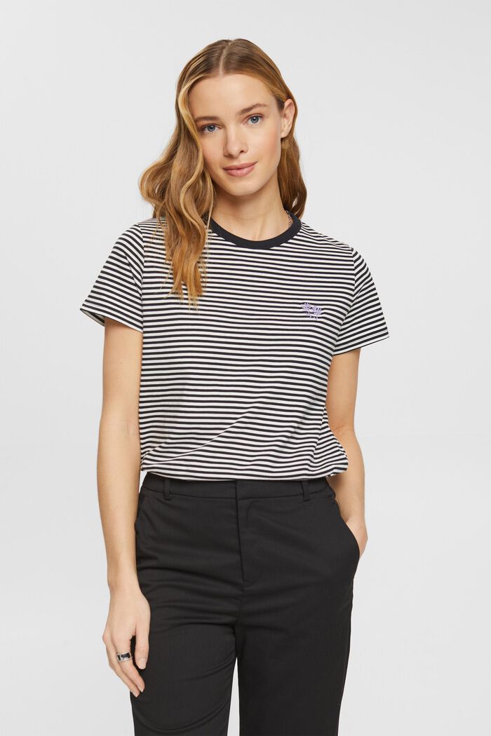 Striped t-shirt with embroidered flower, NEW BLACK, detail image number 0