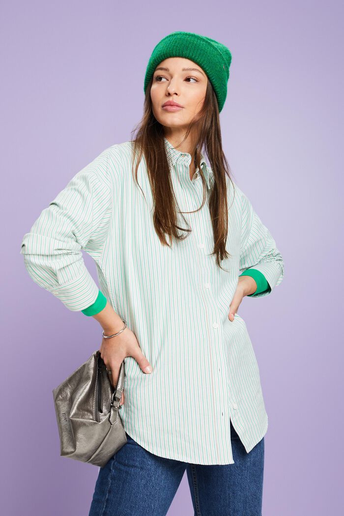 Oversized Striped Cotton Shirt, GREEN, detail image number 0