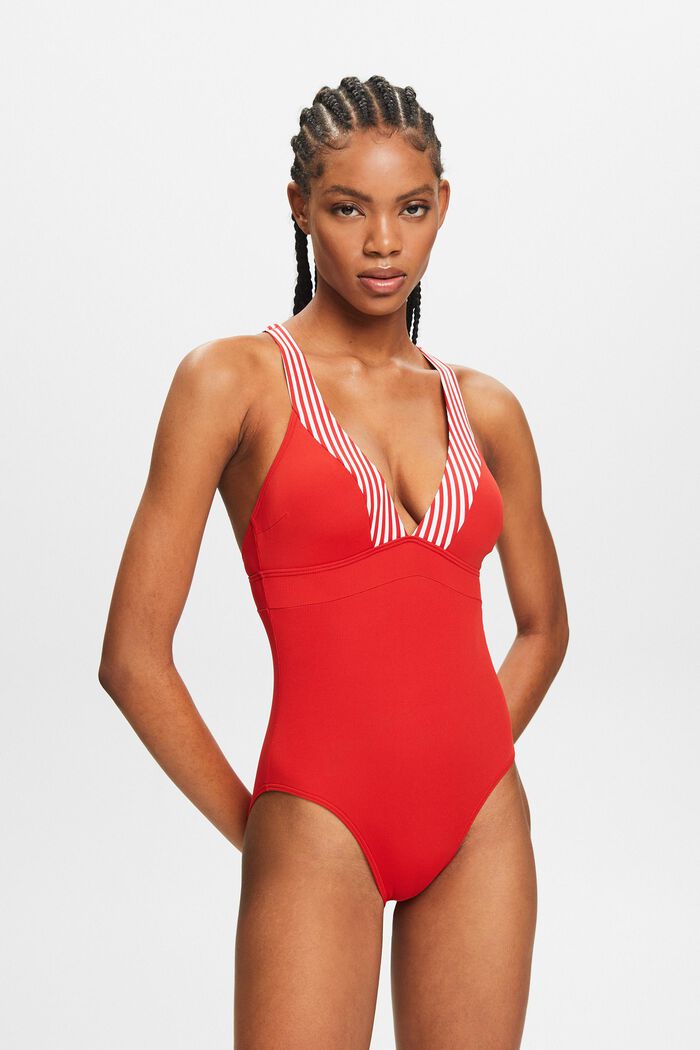Striped One-Piece Swimsuit, DARK RED, detail image number 0