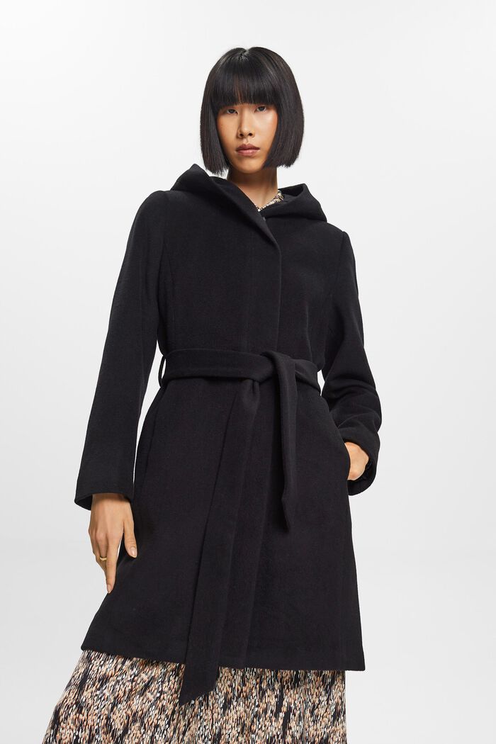 Recycelt: hooded wool blend coat with belt, BLACK, detail image number 0