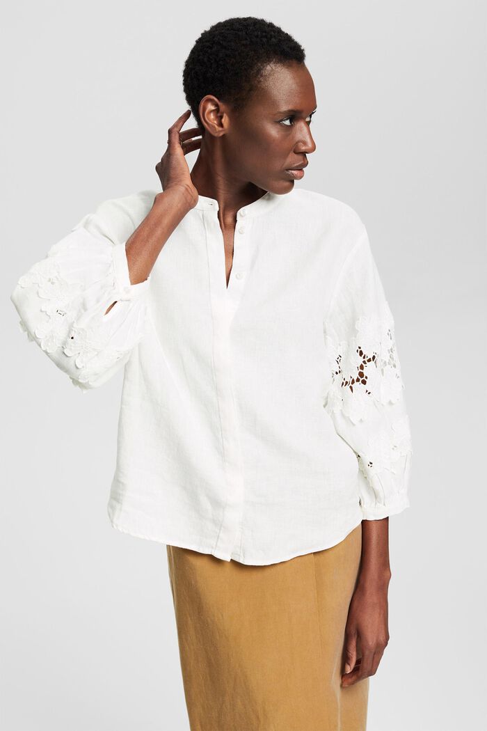 Linen blouse with floral embroidery, OFF WHITE, detail image number 5