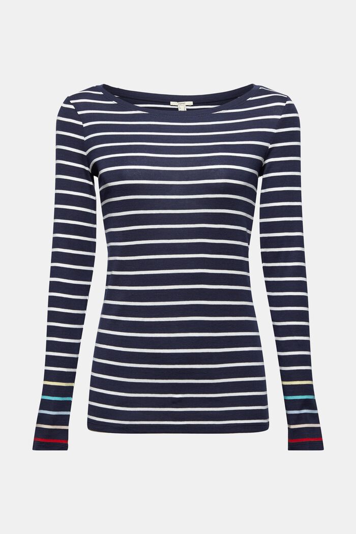 Striped long sleeve top, 100% cotton, NAVY, overview