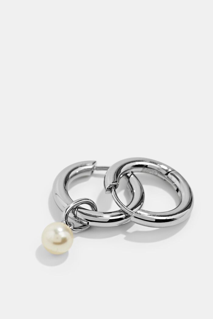 Stainless steel hoop earrings with bead pendant, SILVER, detail image number 1