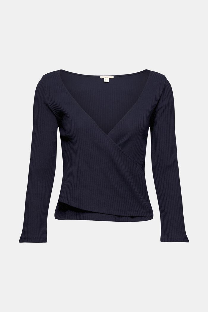 Wrap-over long sleeve top, NAVY, overview