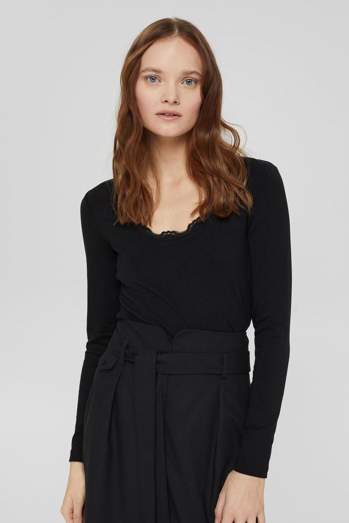 Made of TENCEL™: lace-trimmed, long sleeve top, BLACK, detail image number 0