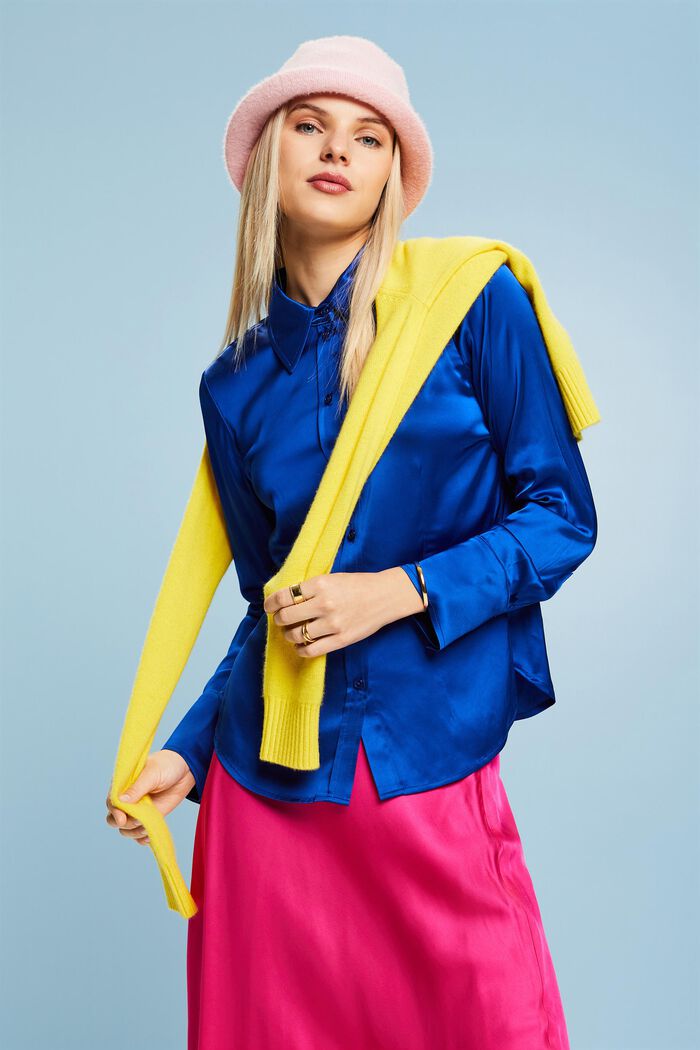 Satin Long Sleeve Blouse, BRIGHT BLUE, detail image number 4
