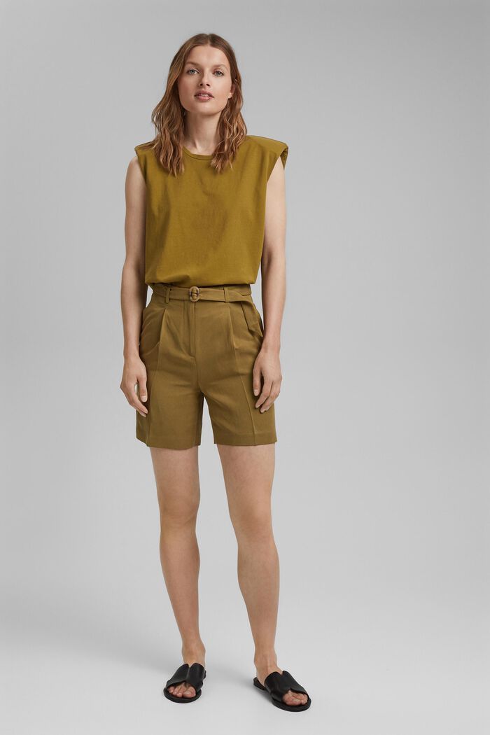 Linen blend: high-waisted shorts with belt, OLIVE, detail image number 1