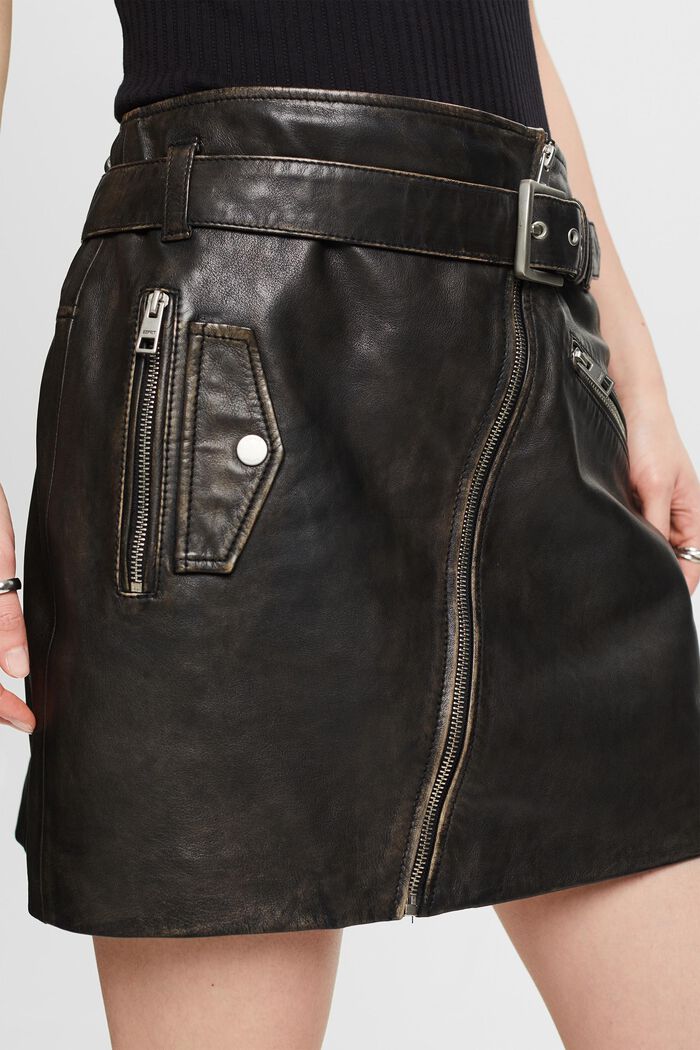 Asymmetric Zip Leather Mini Skirt, BLACK, detail image number 3