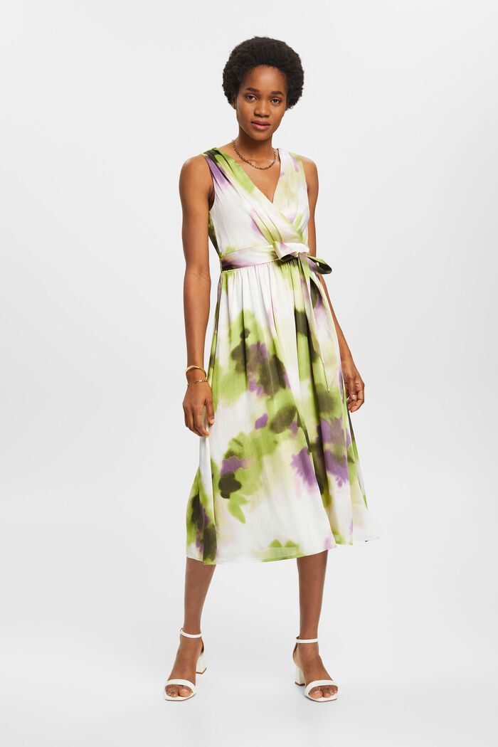 Crinkle satin midi dress with floral print, LEAF GREEN, detail image number 0
