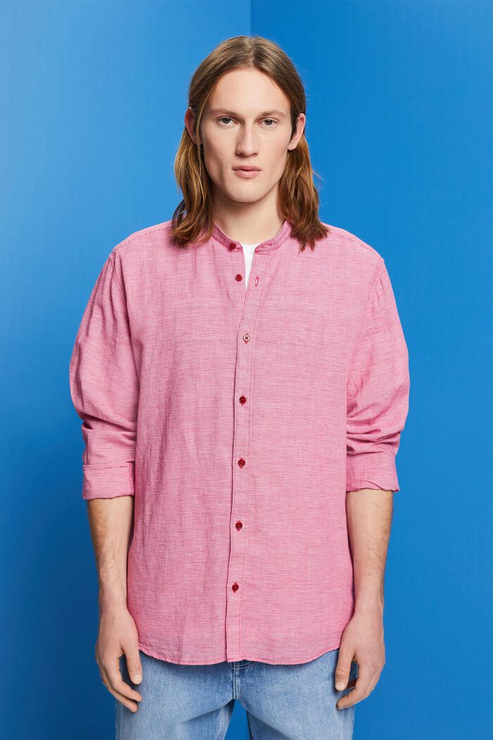 Blended linen dogstooth shirt with banded collar, DARK PINK, detail image number 0