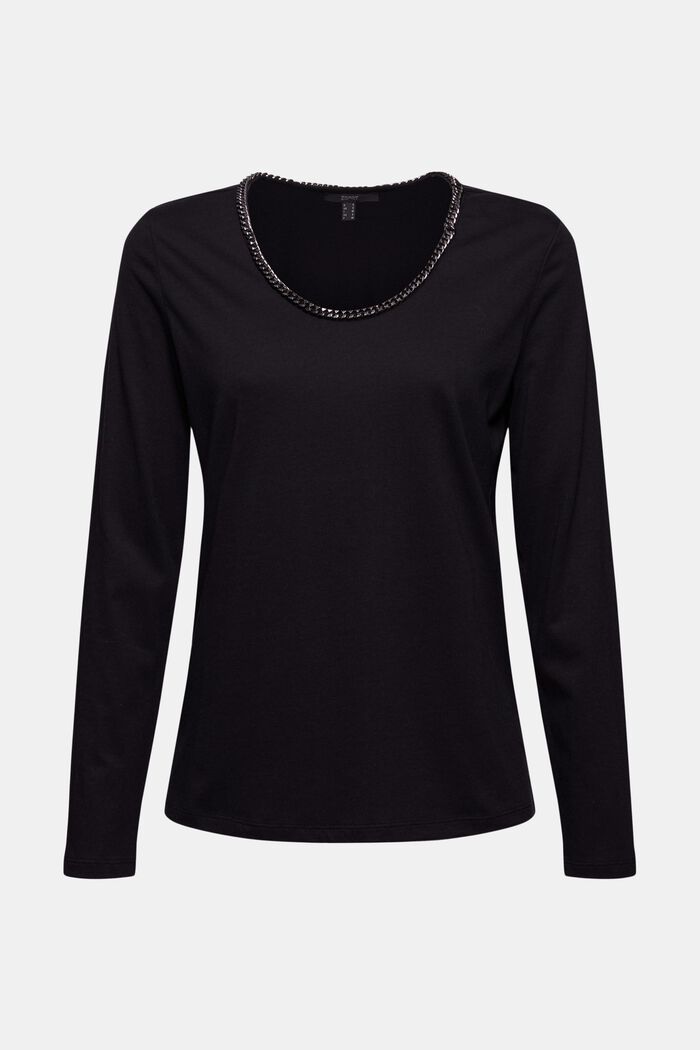 With TENCEL™: long sleeve top with a decorative chain, BLACK, overview