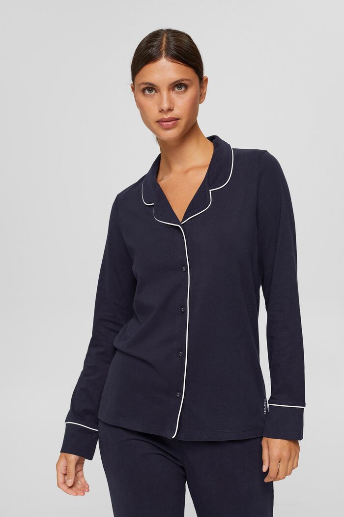 Pyjamas with a lapel collar, 100% organic cotton, NAVY, overview