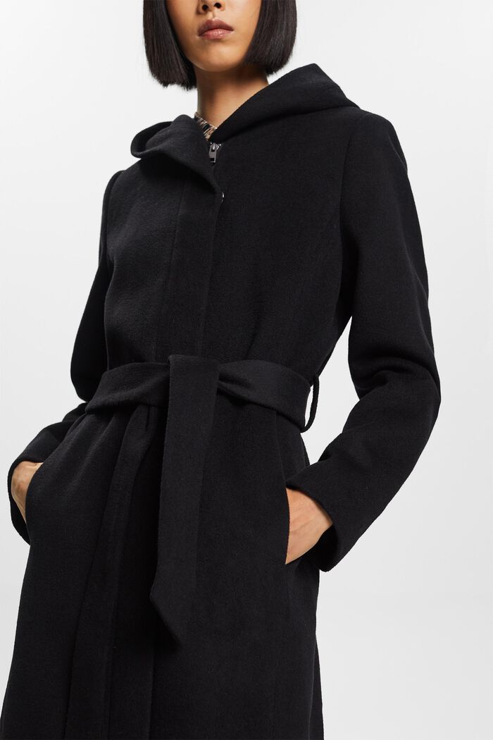 Recycelt: hooded wool blend coat with belt, BLACK, detail image number 2