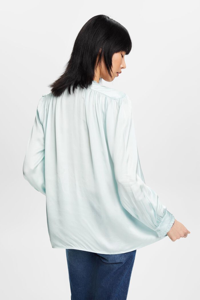 Satin blouse with ruffled edges, LIGHT AQUA GREEN, detail image number 3
