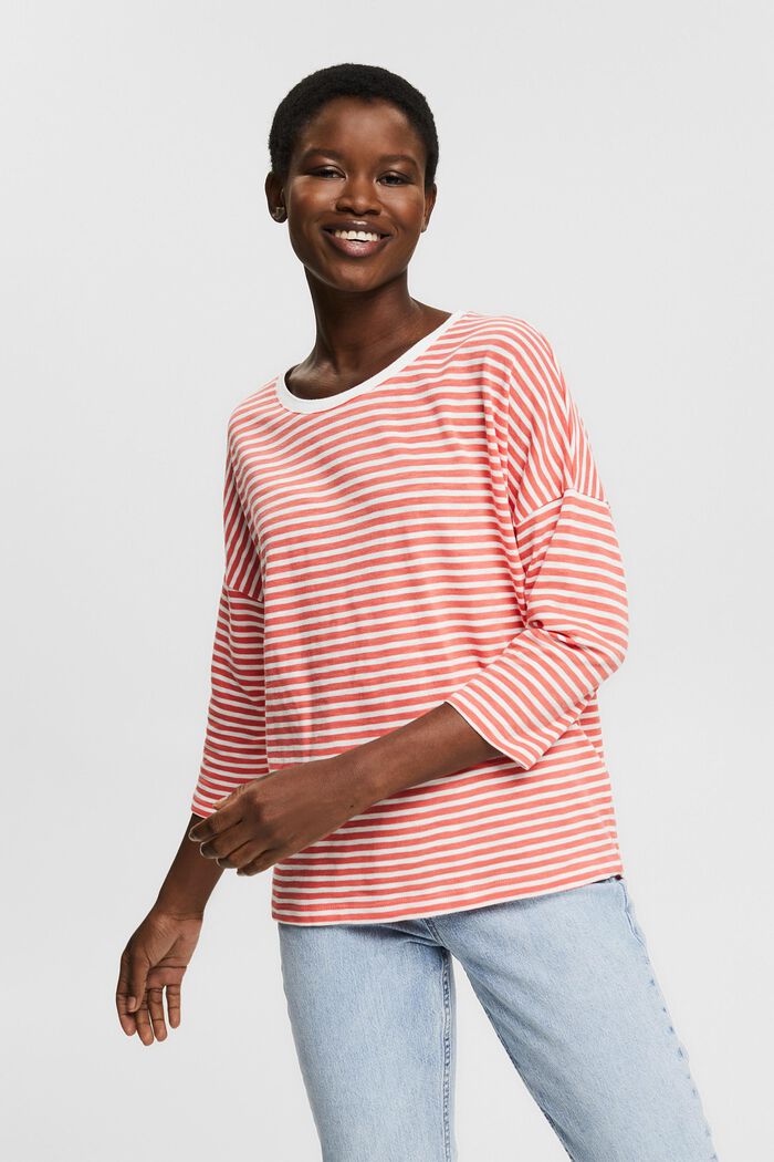 Striped long sleeve top, 100% cotton, CORAL, detail image number 0