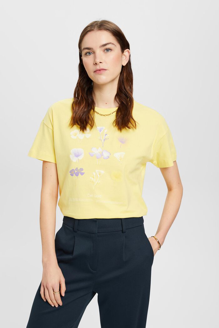 T-shirt with floral chest print, LIGHT YELLOW, detail image number 0