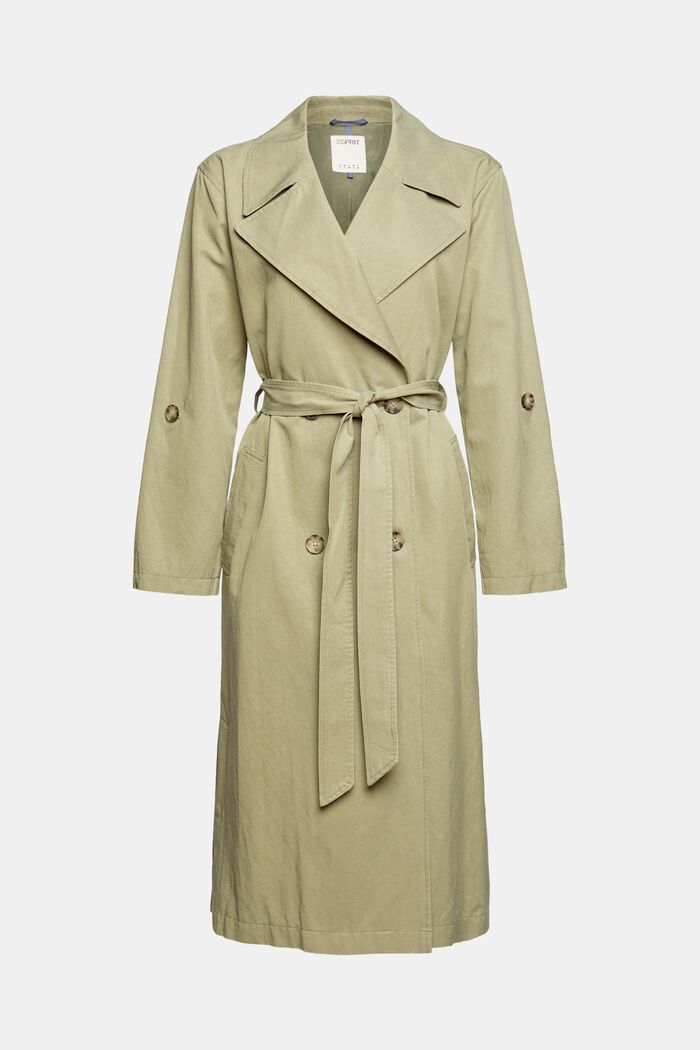 Long trench coat with tie-around belt, LIGHT KHAKI, overview