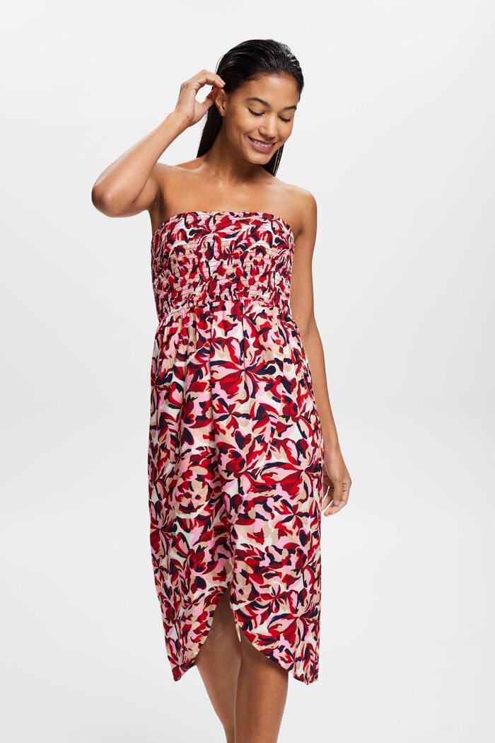 Smocked tube midi-dress with floral pattern, DARK RED, detail image number 0