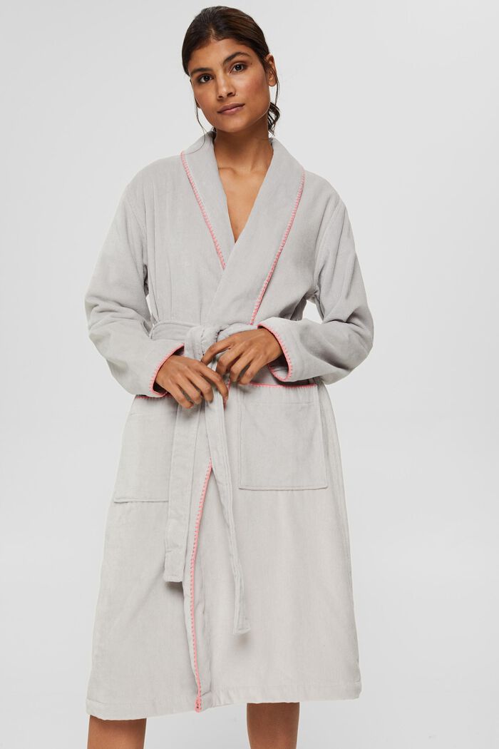 Velour bathrobe with embroidered edges, STONE, detail image number 1