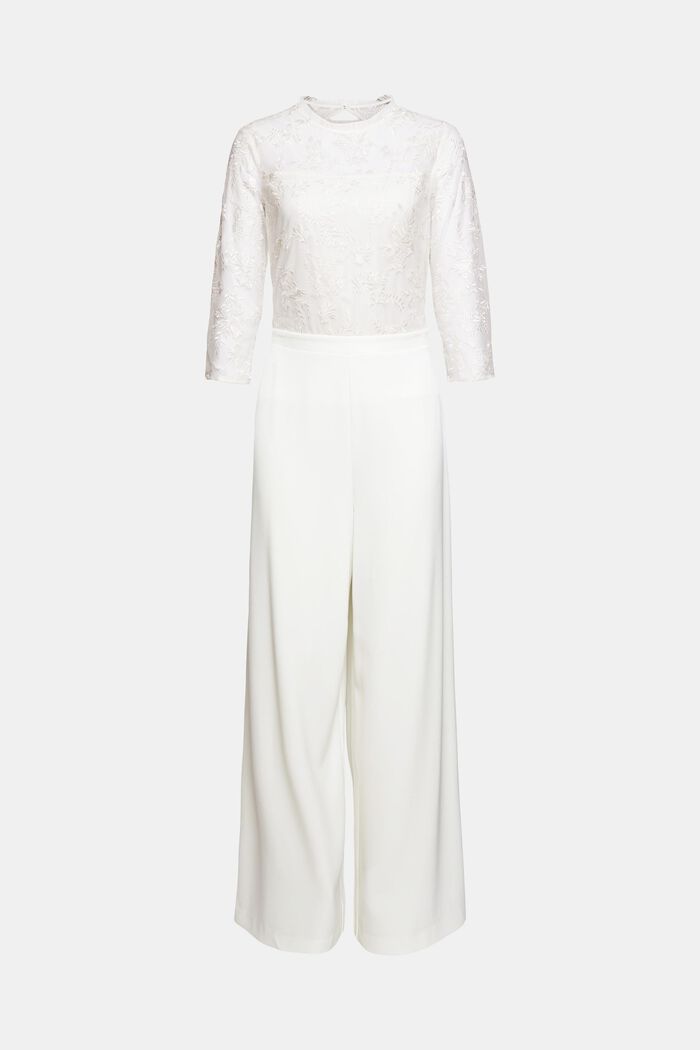 Made of recycled material: jumpsuit with floral embroidery, OFF WHITE, overview