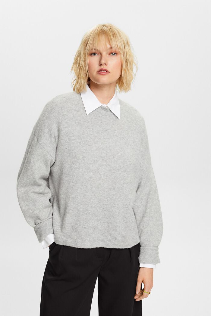 Knit Blouson Sleeve Sweater, LIGHT GREY, detail image number 0