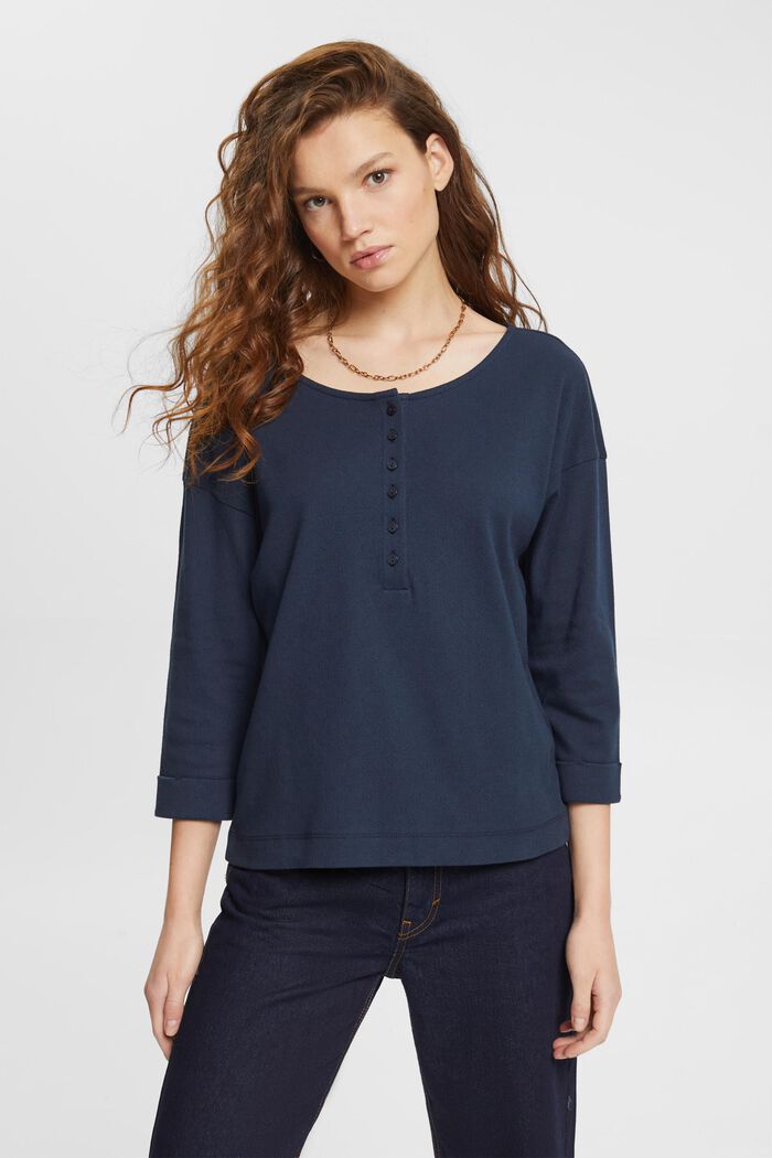 Pointelle 3/4 sleeve top, NAVY, detail image number 1