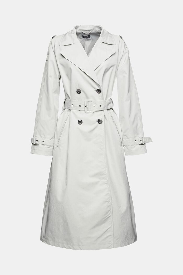 Made of recycled material: long trench coat with a belt, PASTEL GREY, overview