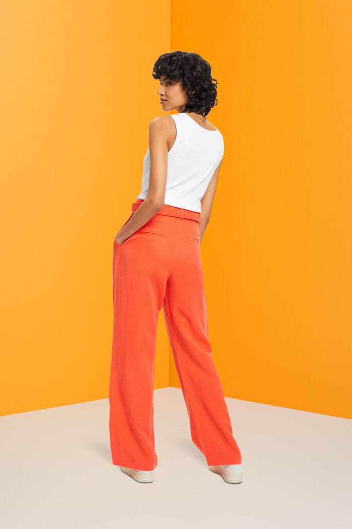 High-rise wide leg linen blend trousers with belt, ORANGE RED, detail image number 3