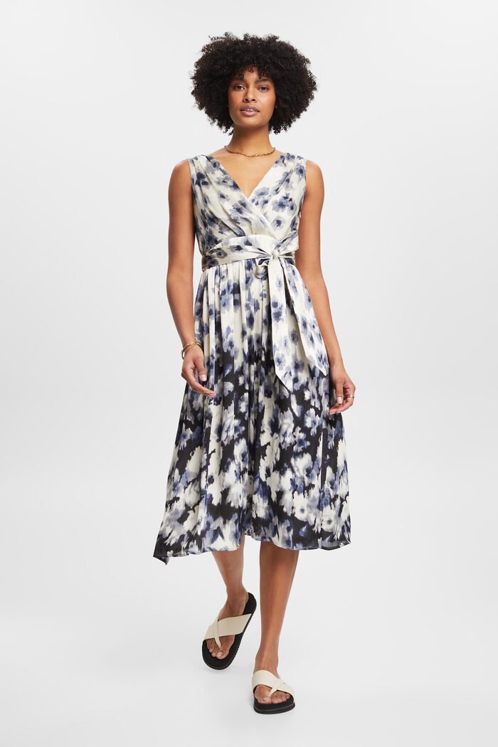 Crinkle satin midi dress with floral print, BLACK, detail image number 4