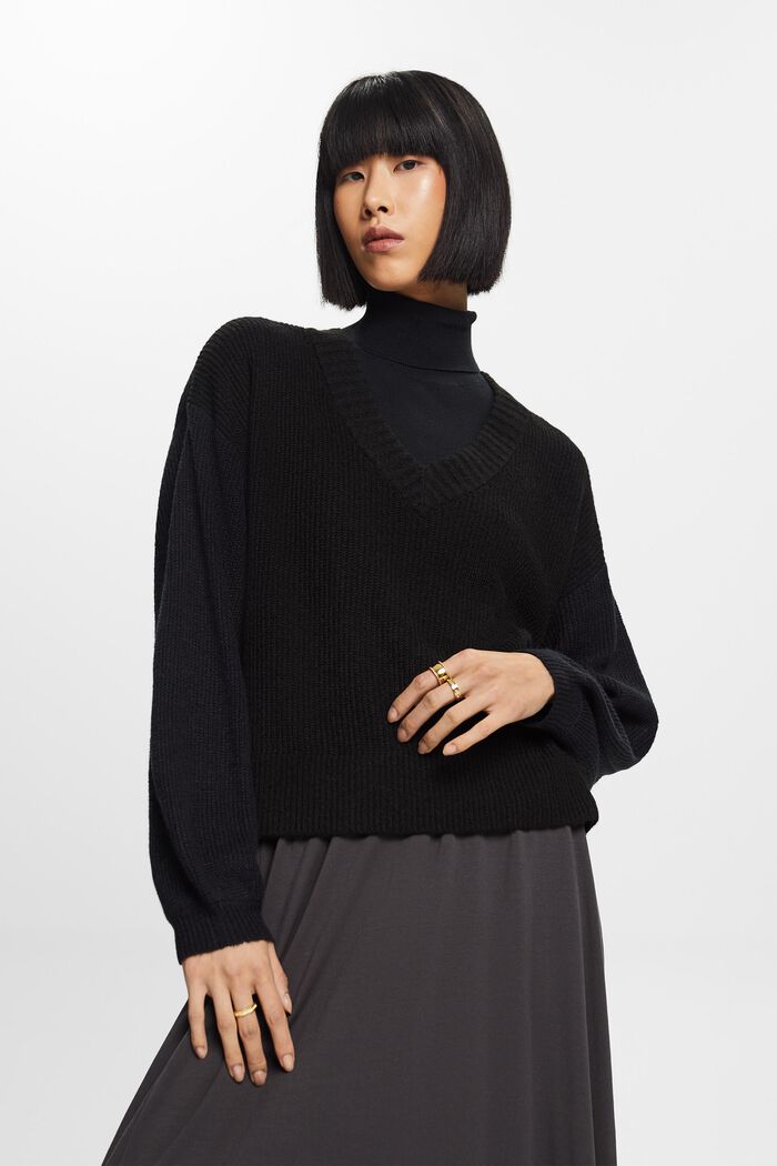 V-neck jumper, wool blend, BLACK, detail image number 1