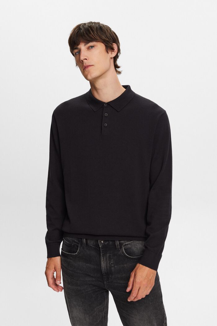 Knit jumper with a polo collar, TENCEL™, BLACK, detail image number 0