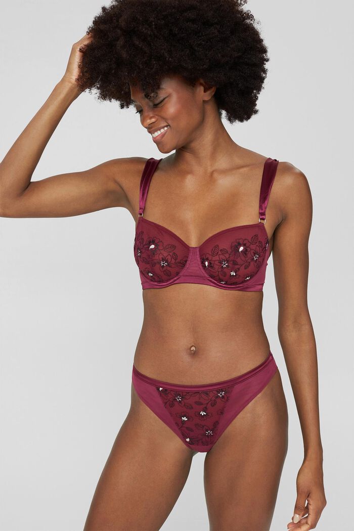 Brazilian briefs in mesh with embroidery, DARK PINK, overview