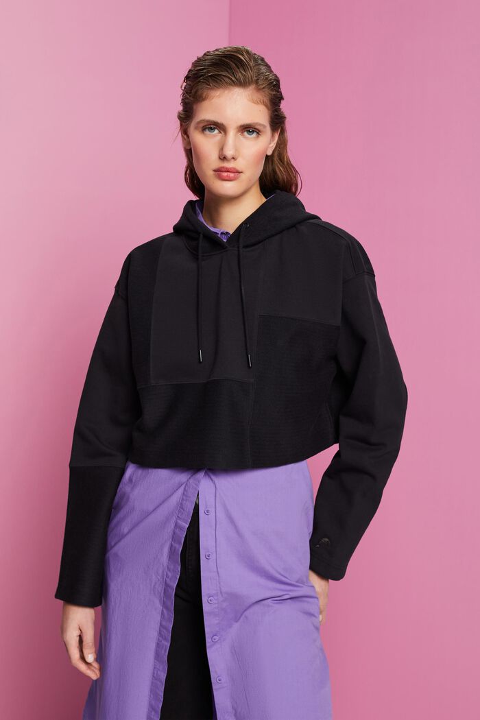 Cropped patchwork hoodie, BLACK, detail image number 0