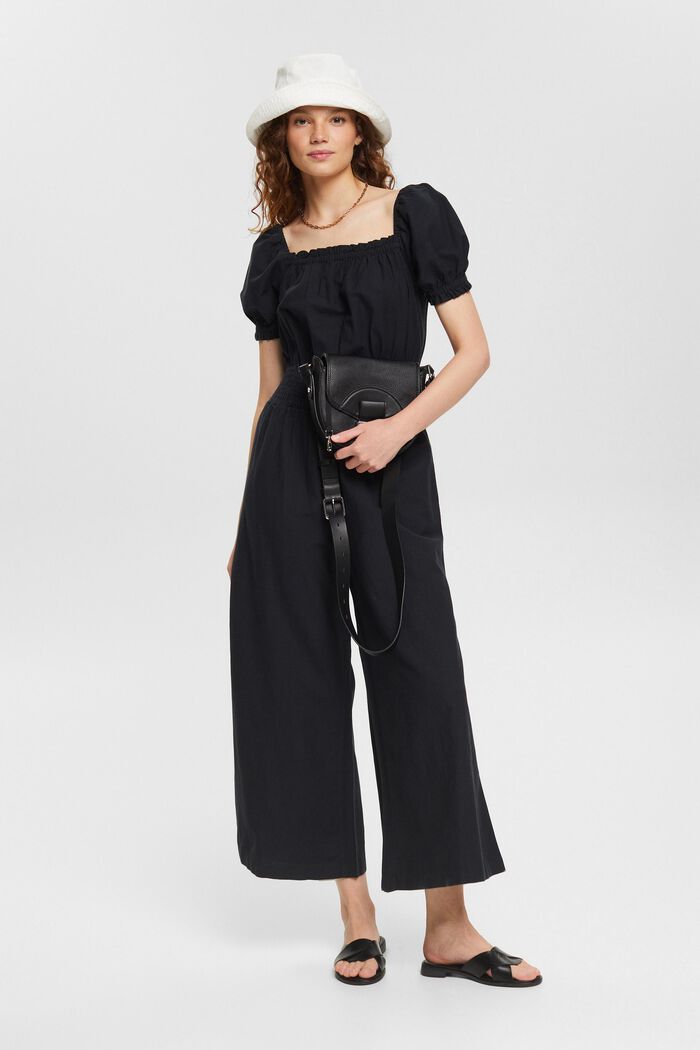 Linen blend: jumpsuit with a square neckline, BLACK, detail image number 1