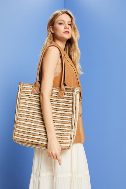 Raffia tote bag with faux leather handles
