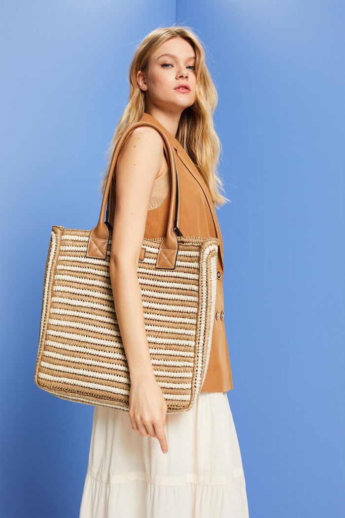 Raffia tote bag with faux leather handles, CAMEL, detail image number 4